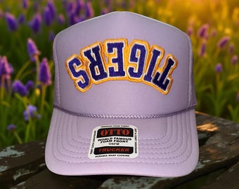 Preppy Game Day Tiger Upside Down Tigers Mascot Louisiana Purple Gold Embroidered Patch Trucker Hat Custom Colors Available!