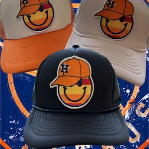 Custom HTown Houston  Orange Yellow Blue Baseball Smiley Ball Cap Embroidered Patch Trucker Hat