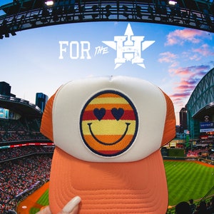 Custom HTown Houston Orange Yellow Blue Baseball Smiley Heart Eyes Embroidered Patch Trucker Hat