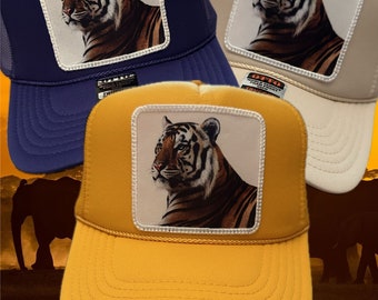 Preppy Game Day Realistic Printed Tiger Tigers Mascot Purple Gold Custom Colors Embroidered Patch Trucker Hat