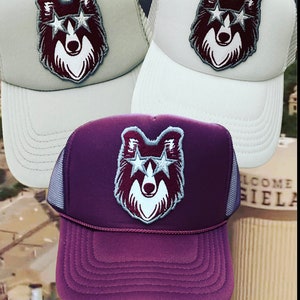 Custom Maroon and White Game Day PreppyShetland Sheepdog Dog Star Eyes Embroidered Patch Trucker Hat