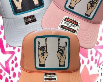 Rockstar Rocker Hands Western  Hand Drawn Turquoise Embroidered Patch Trucker Hat