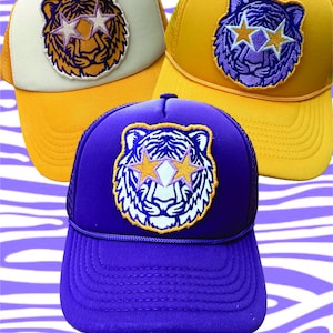 Custom Colors Available! Game Day! Purple Gold Blue Preppy Geaux Tiger Embroidered Patch Trucker Hat