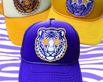 Custom Colors Available! Game Day! Purple Gold Blue Preppy Geaux Tiger Embroidered Patch Trucker Hat