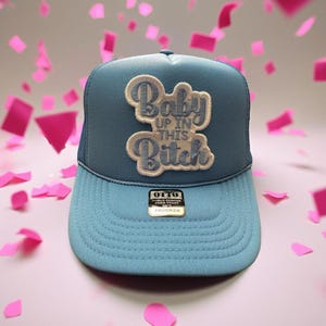 Custom Colors Baby up in this Funny Pregnancy Mom Mama Maternity Gender Reveal Baby Girl Boy Pink and Blue Embroidered Patch Trucker Hat