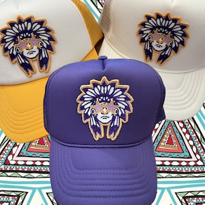 Customize Your Own Colors! Native American Man Game Day! Indian Seminole Cherokee Warrior Savage Embroidered Star Eyes Patch Trucker Hat