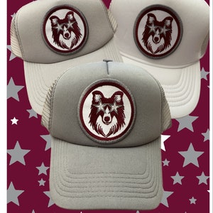 Custom Maroon and White Preppy Game Day Shetland Sheep Dog Star Eyes Embroidered Patch Trucker Hat