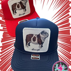 May include: Two trucker hats with a bulldog graphic patch. The hats are red and navy blue. The patch features a white bulldog with brown spots and the word "dargo" written below it. The hats have a mesh back and a velcro strap.