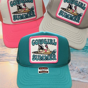 Coastal Cowgirl Summer Beach Cowboy Rodeo Hand Drawn Turquoise Embroidered Patch Trucker Hat