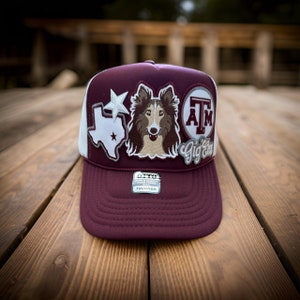 Custom Maroon and White Game Day Preppy Shetland Sheepdog Dog Texas  Embroidered Multi Patch Trucker Hat
