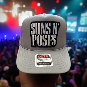 Retro Vibes Suns and Poses Summer Vacation ROCK and Roll Black White Vintage Custom Embroidered Patch Trucker Hat