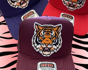 Custom Colors Available! Game Day! Orange and Black Realistic Tiger Embroidered Patch Trucker Hat