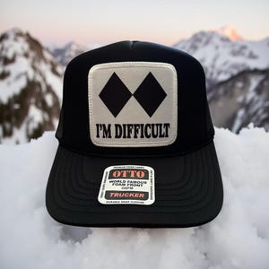 Custom Preppy Ski Snow Shred Mountain Skiing Double Black Diamond I'm Difficult Powder Embroidered Patch Trucker Hat