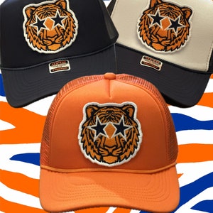 Game Day! Custom Colors! Navy Blue Orange Preppy Rush Sorority Tiger Embroidered Patch Trucker Hat