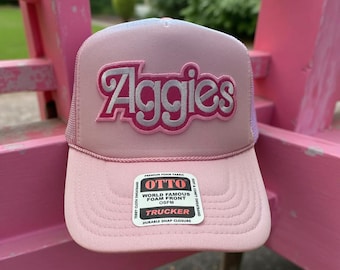 Custom Preppy Doll Mascot Aggie Pink White Cute Girly Embroidered Patch Trucker Hat