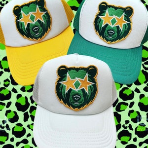 Bears Fans! Custom Colors Available! Game Day! Green and Gold University Preppy Bear Embroidered Patch Trucker Hat