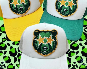 Bears Fans! Custom Colors Available! Game Day! Green and Gold University Preppy Bear Embroidered Patch Trucker Hat