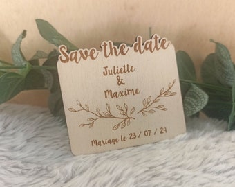 Magnet Save the Date personnalisé en Bois Gravé - Faire-part Mariage et Occasions Spéciales - Modèle Branchage, Nature