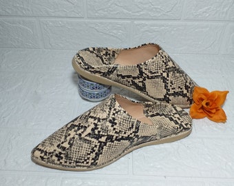 leather snake Moroccan babouches,  Moroccan snake skin slipper for her, python designer slippers, gift for her.