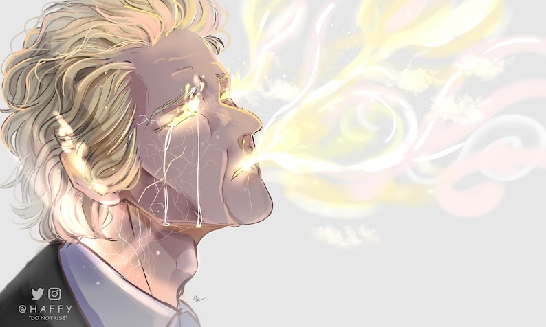 Peut inclure: Illustration num&eacute;rique d'une personne aux cheveux blonds clairs et portant un costume sombre. Les yeux et la bouche de la personne &eacute;mettent une lumi&egrave;re jaune et blanche vive, avec des tra&icirc;n&eacute;es de lumi&egrave;re &eacute;manant du visage. L'&oelig;uvre a une qualit&eacute; douce et &eacute;th&eacute;r&eacute;e.