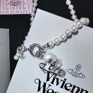 Vivienne Westwood Pearl Necklace chocker White Heart With Safetypin Pendant#360