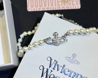 Vivienne Westwood NaNa Classic Crystal Orb Pearl Chocker Necklace Silver Tone 328