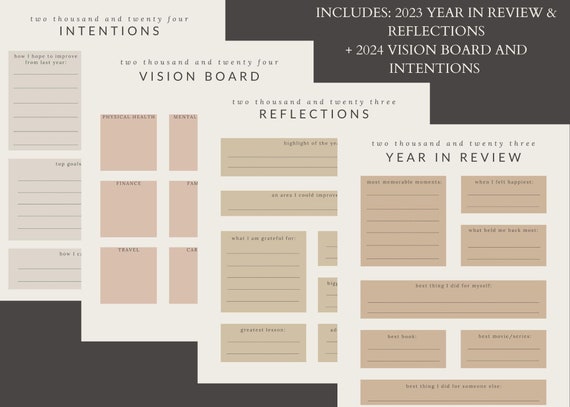 Printable Year in Review | 2023 Reflections | 2024 Intentions & Resolutions | New Years Resolutions  2024 Vision Board | End of Year Review