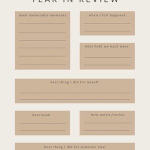May include: A printable year in review worksheet with prompts for reflecting on the past year. The prompts include "most memorable moments", "when I felt happiest", "what held me back most", "best thing I did for myself", "best book", "best movie/series", and "best thing I did for someone else".