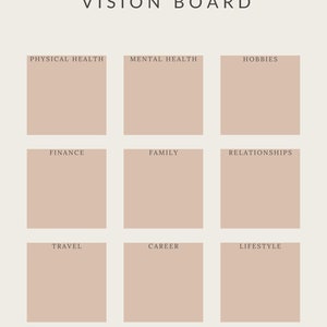 May include: A vision board template with nine blank squares for different categories, including physical health, mental health, hobbies, finance, family, relationships, travel, career, and lifestyle.