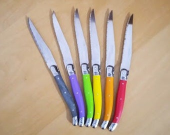 Service 6 couteaux fixe " LAGUIOLE " acier inoxydable tranchant, multicolore, vintage 1998 France, collection, cadeau, art de la table
