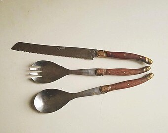 3-piece cutlery set (fork, knife, spoon), LAGUIOLE brand, stainless steel, France, wood and copper handles, tableware, vintage 1970s