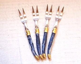 Set of 4 forks, meat picks, LAGUIOLE, engraved stainless steel France, bakelite handle, vintage tableware 1970 Auvergne