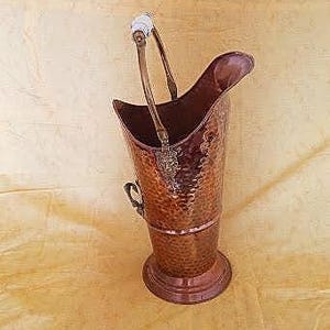 Antique coal bucket, copper umbrella stand, porcelain handle, vintage 1950/55, handmade craft decoration collection gift home