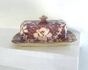 Vintage Ceramic Butter Dish: Royal Winton, Brocade Cranberry, Lusterware, Cottagecore, Chintz