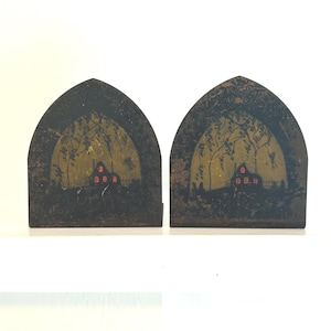RARE Antique Spooky Bookends Hand Painted Metal Haunted House Graveyard Gothic Moody