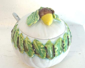 Vintage Majolica Pottery Bowl: Acorn Oak Motif, Italy, Honey Pot, Jam Jar, Country Farmhouse