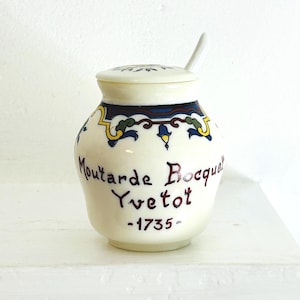 Vintage French Mustard Jar: Lidded White Milk Glass with Spoon