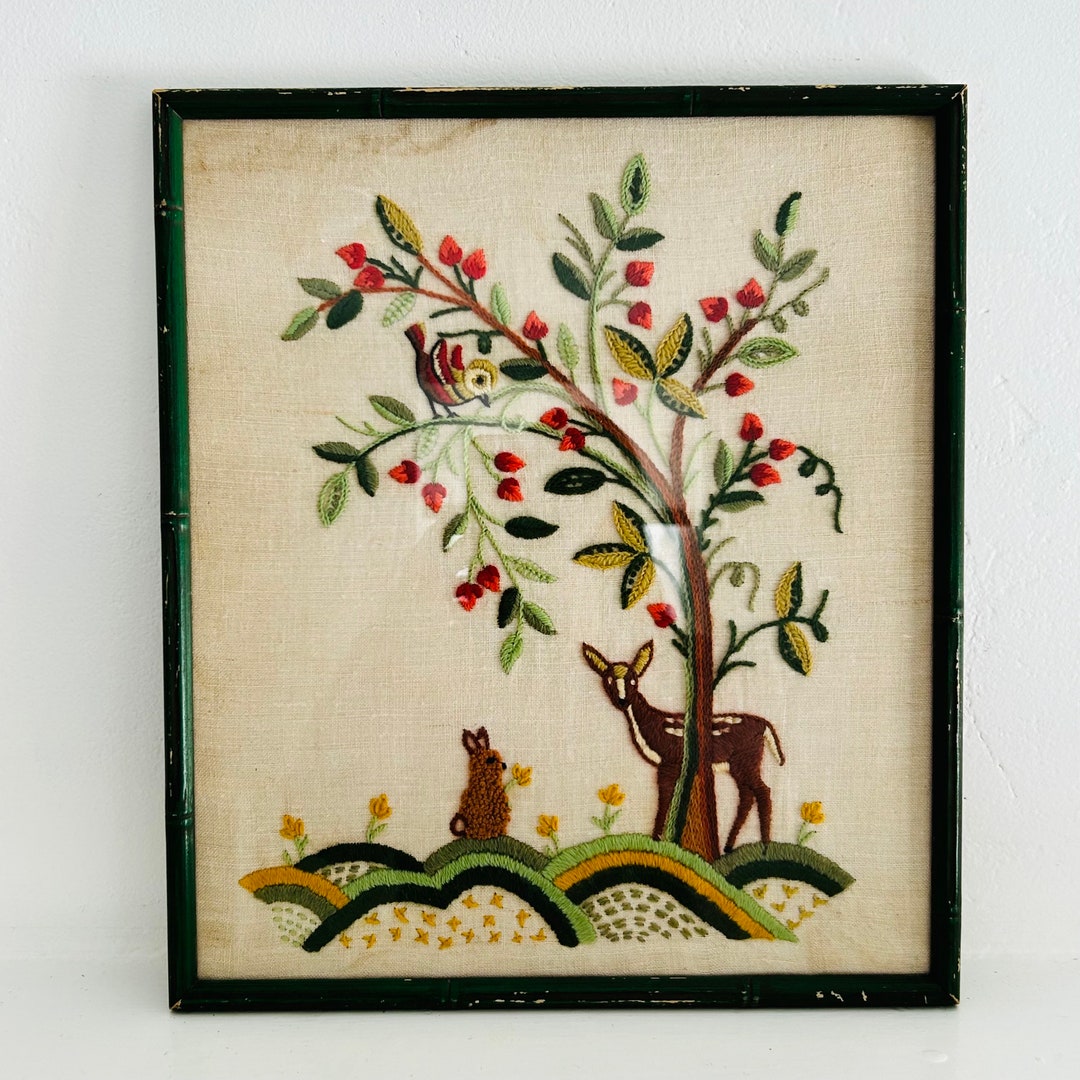 OLD Jacobean Tree of Life Crewelwork Picture Framed Embroidery Wall Art