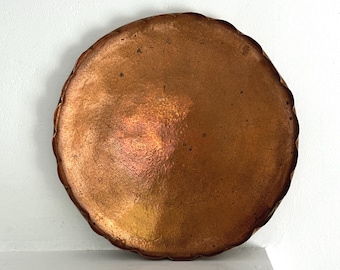 Vintage Solid Copper Tray: Round, Scalloped/Fluted Edge, Arts and Crafts, Hand Hammered
