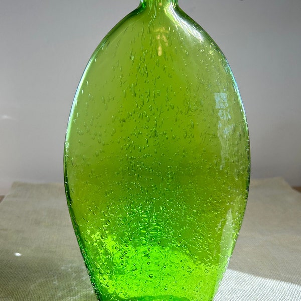 Vintage Green Seed Glass Vase with Everted Rim on Neck Italian Blown Bubble Glass Excellent Condition