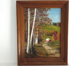 Vintage Landscape Oil Painting: Country, Birch Trees, Barn, Autumn, Fall, Artist Signed