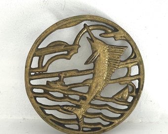 Vintage Brass Trivet: Sail Fish, Beach House, Sailing, Boat, Nautical, Deep Sea Fishing