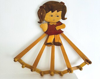 Vintage Wooden Peg Rack: Girl's Room, Accordion, Mid Century, Laundry Room