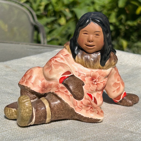 RARE Cora by C. Alan Johnson in Pink with Red Trim Floral Dress Alaskan Inuit Native Eskimo Girl Figure Signed 1980 in Excellent Condition