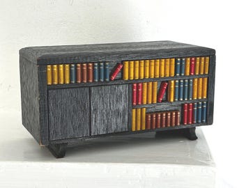 Vintage Miniature Stereo Bookcase: Wooden Music Box, Retro, Trinket Jewelry, Display
