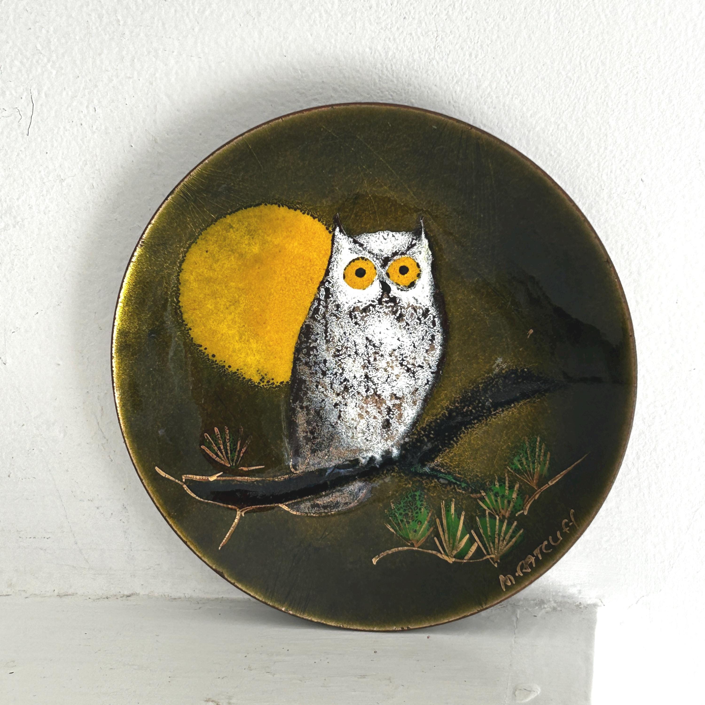 Vintage Copper Enamel Owl Plate: Artist Signed, Margaret Ratcliff, MCM, Moon