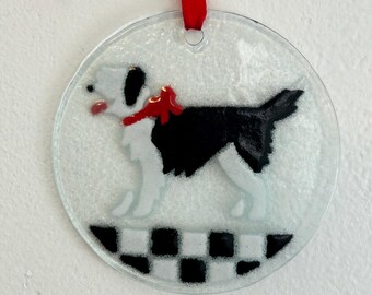 Vintage Sheep Dog Ornament: Fused Glass, Hand Made, Christmas Tree Decoration