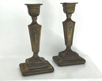 Antique Art Nouveau Candlestick Holders: Pair, Bronze Tone, 1900s, Taper Candle Holder