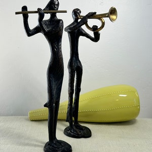 Brutalist Musician Sculptures Horn and Flute Figures in the Style of Alberto Giacometti Jazz Mid Century Brass and Cast Iron EUC MCM CHOICE