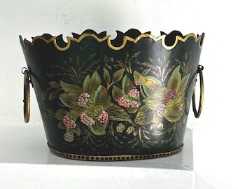 Vintage Toleware Cachepot: Berries, Hand Painted, French Country Farmhouse